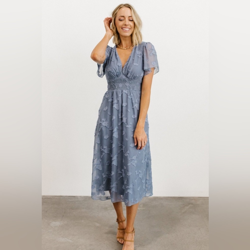 Baltic Born Dusty Blue Midi Dress with Textured Floral Detail